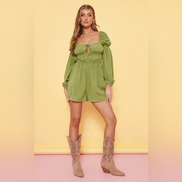 PrettyLittleThing Pants - PrettyLittleThing - HOST PICK Olive Linen Halterneck Detail Puff Sleeve Romper